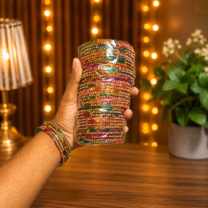 Raindrop Rainbow glass bangles with stone work.premium quality 12 piece multicolor churi multi