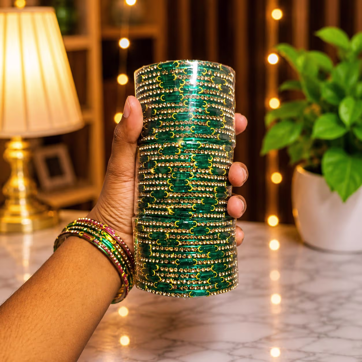 eenbukgxequblyj4wvbe Raindrop Rainbow glass bangles with stone work.premium quality 12 piece multicolor churi Green - Image 1