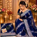 Shabnam Midnight Blue Velvet Saree Combo