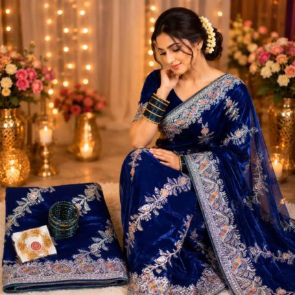 Shabnam Midnight Blue Velvet Saree Combo